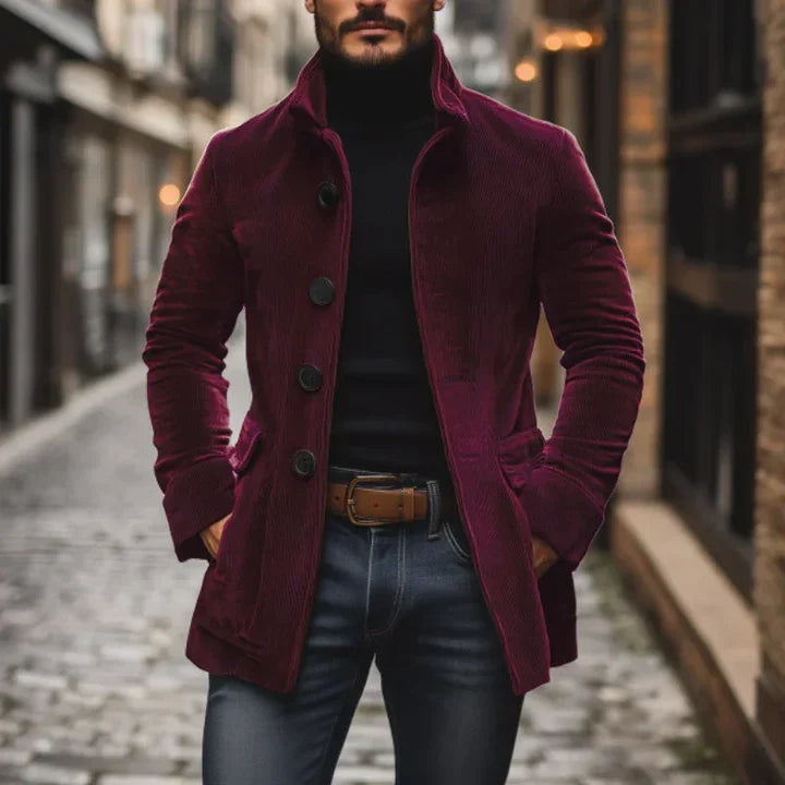 Men's textured mid-length button coat with stand collar and side pockets