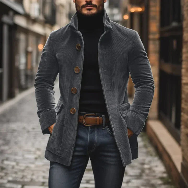 Men's textured mid-length button coat with stand collar and side pockets