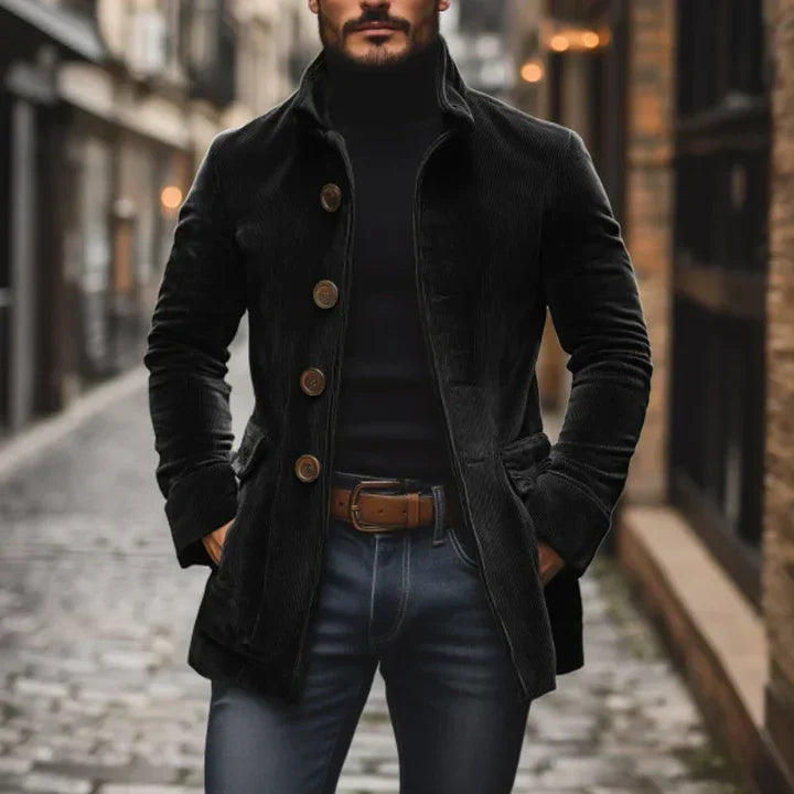 Men's textured mid-length button coat with stand collar and side pockets