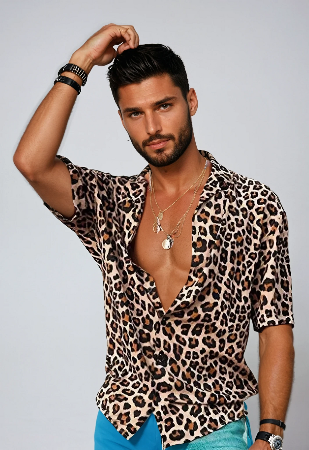 Men's Leopard Print Shirt, Short Sleeve Lightweight Casual Summer Shirt, Breathable