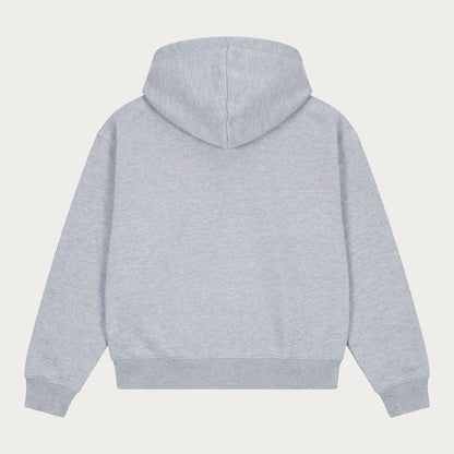 Grey unisex zip-up hoodie with hood, long sleeves and front pockets