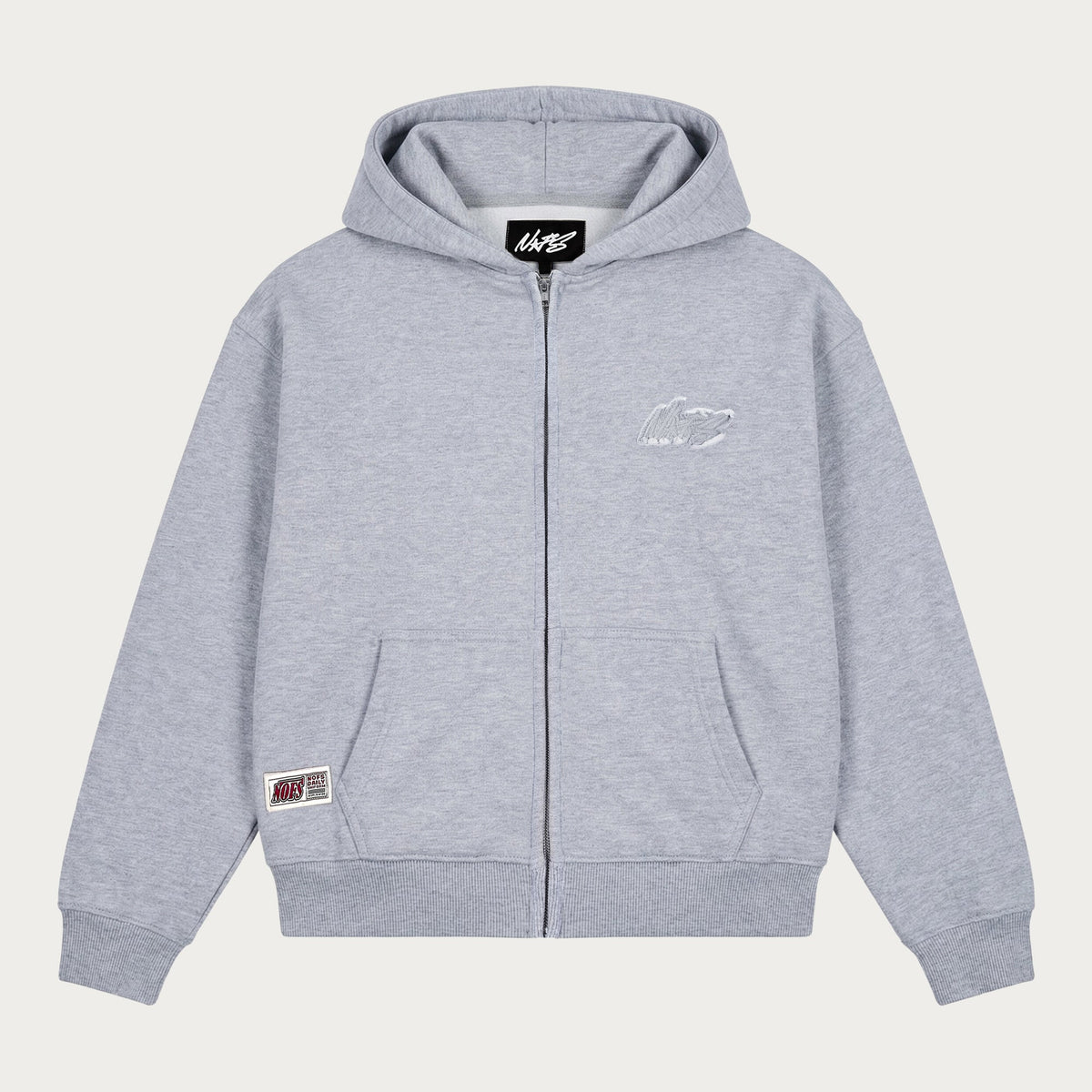 Grey unisex zip-up hoodie with hood, long sleeves and front pockets