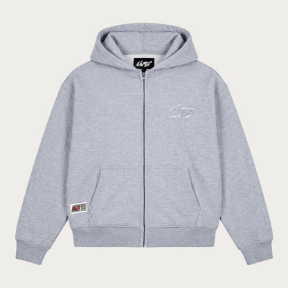 Grey unisex zip-up hoodie with hood, long sleeves and front pockets