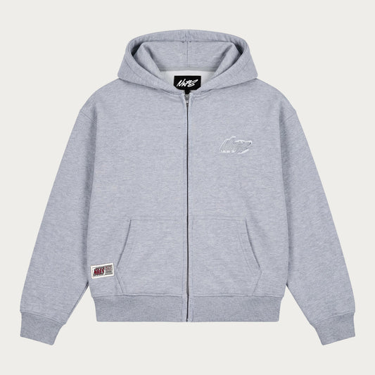 Grey unisex zip-up hoodie with hood, long sleeves and front pockets