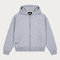 Grey unisex zip-up hoodie with hood, long sleeves and front pockets