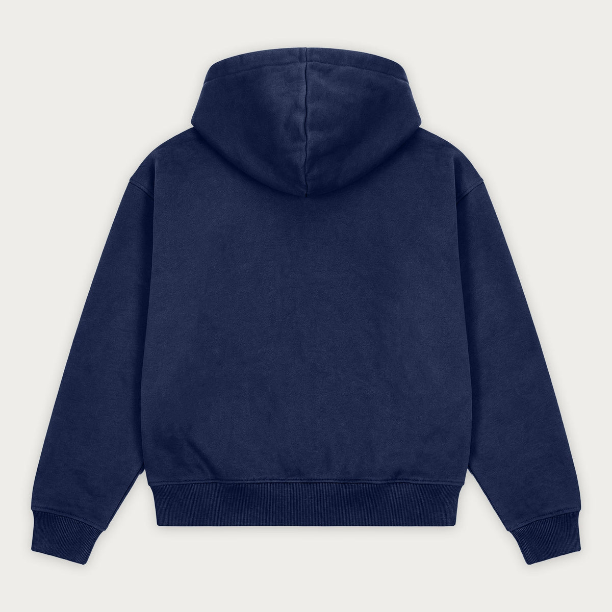 Navy unisex zip hoodie with hood, long sleeves and front pouch pocket