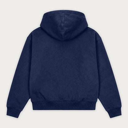 Navy unisex zip hoodie with hood, long sleeves and front pouch pocket