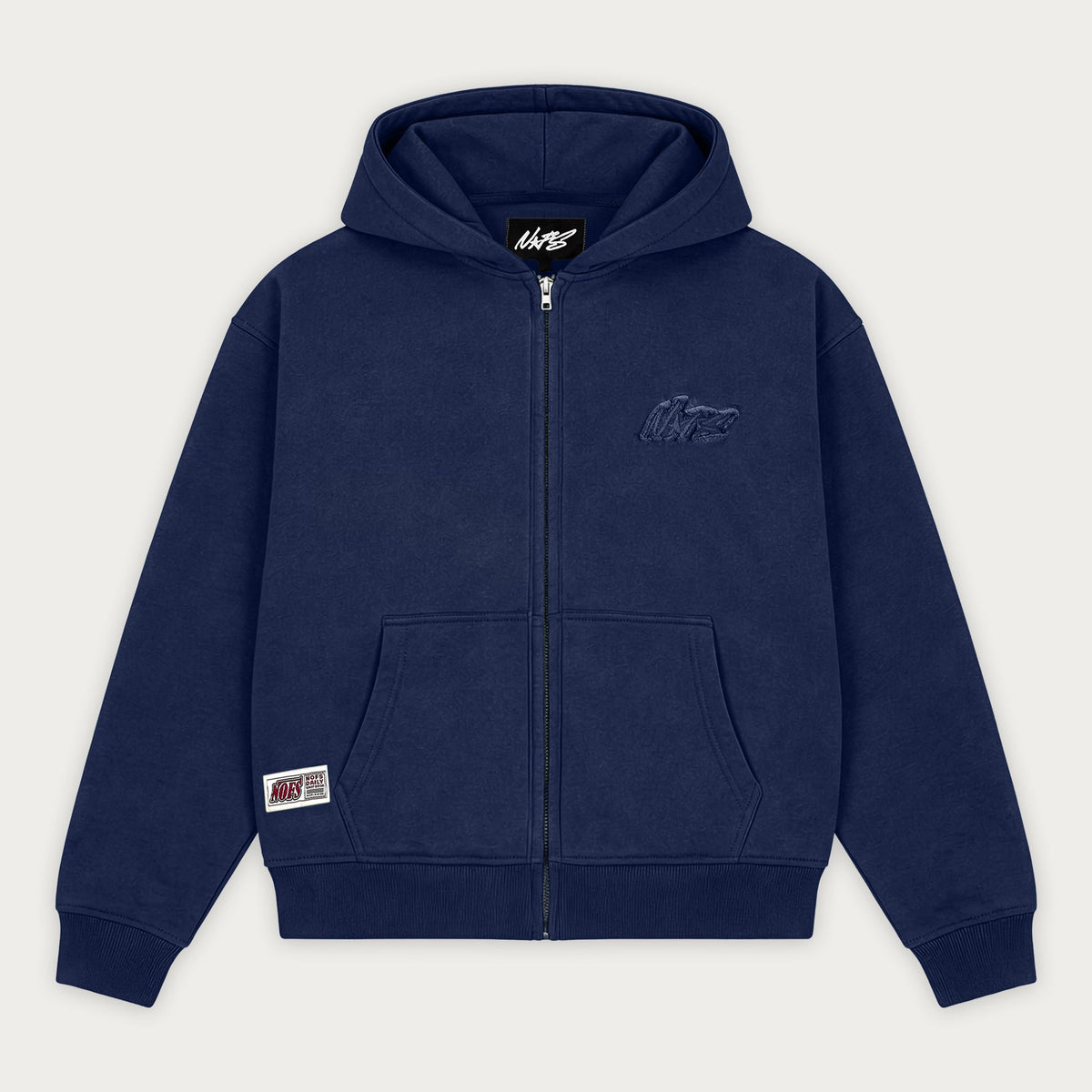 Navy unisex zip hoodie with hood, long sleeves and front pouch pocket