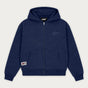 Navy unisex zip hoodie with hood, long sleeves and front pouch pocket