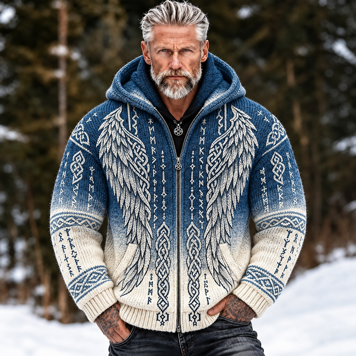 Men's hooded jacquard cardigan sweater with Nordic wing and Celtic knot patterns