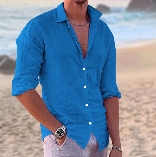 Men's Linen Blend Shirt, Long Sleeve, Button Through, Relaxed Fit