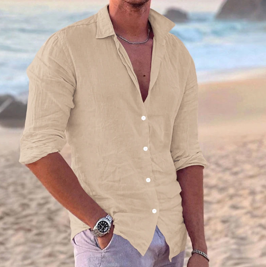 Men's Linen Blend Shirt, Long Sleeve, Button Through, Relaxed Fit