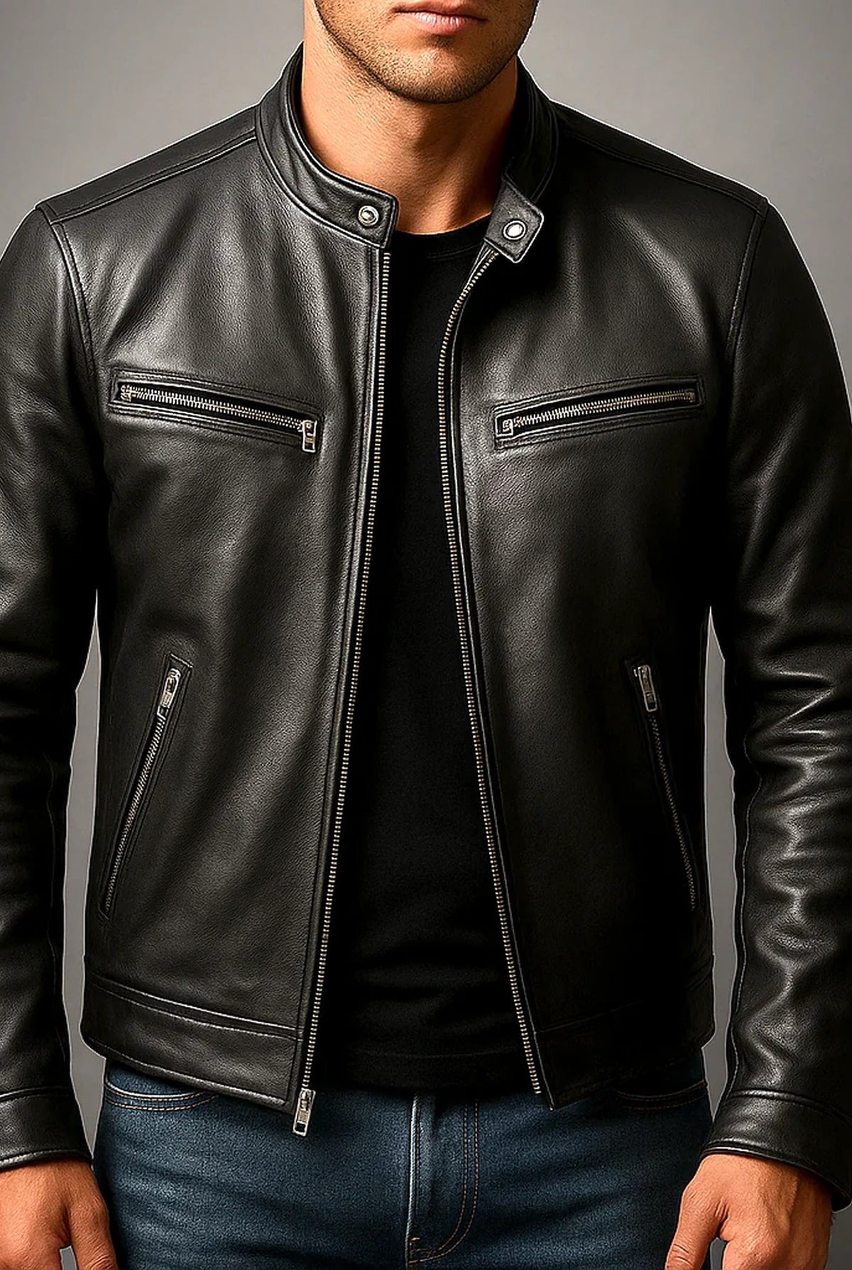 Men's zip-up jacket with mock neck and multiple zipped pockets