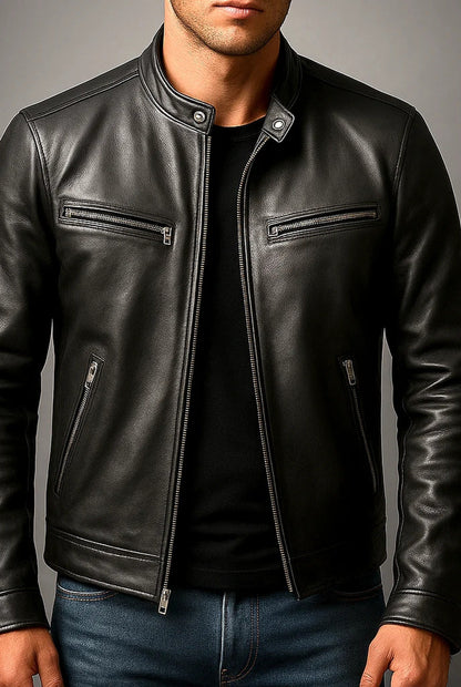 Men's zip-up jacket with mock neck and multiple zipped pockets