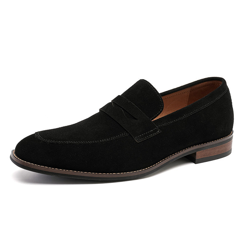 Men's dark brown and navy suede loafer with penny strap detail and stacked heel