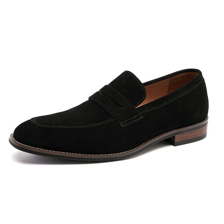 Men's dark brown and navy suede loafer with penny strap detail and stacked heel