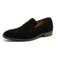 Men's dark brown and navy suede loafer with penny strap detail and stacked heel