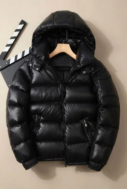 Men's quilted hooded puffer jacket with zip fastening and multiple pockets