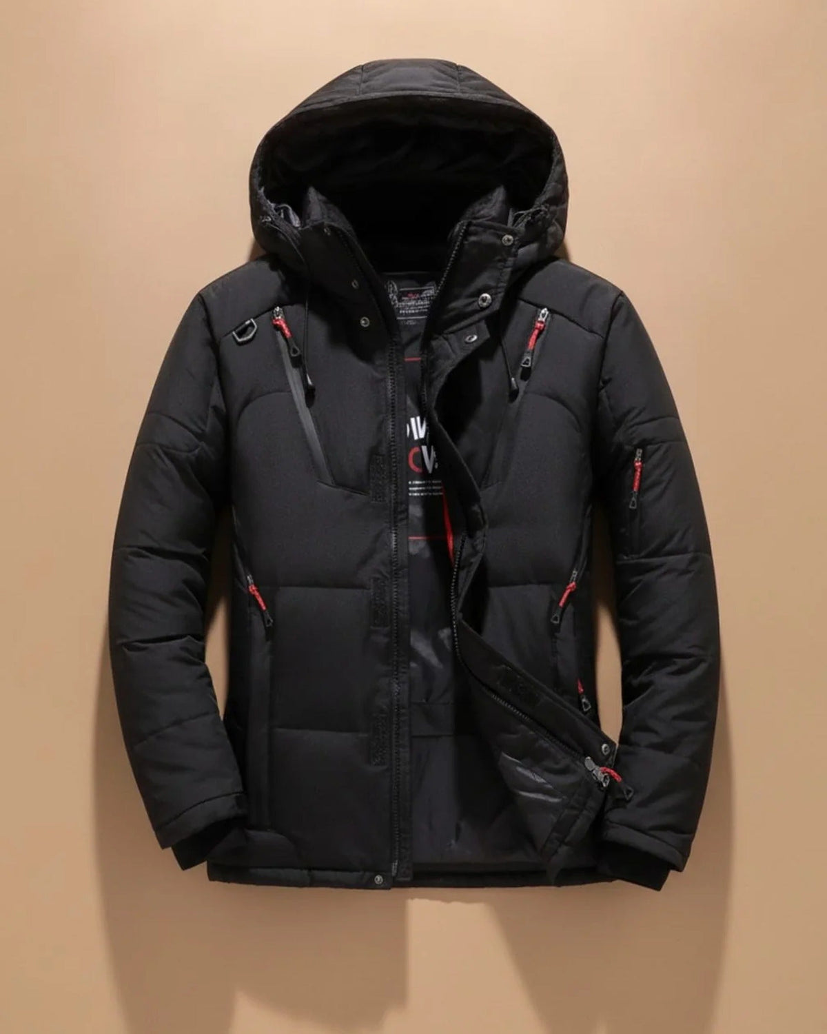 Men's quilted hooded jacket with long sleeves and multiple zipped pockets