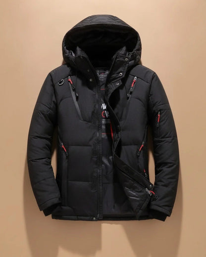 Men's quilted hooded jacket with long sleeves and multiple zipped pockets