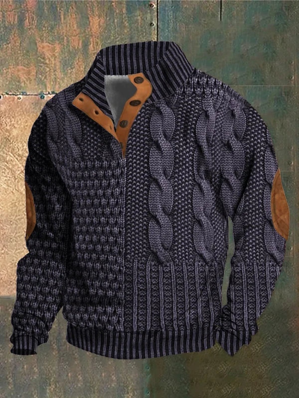 Men's patterned cable knit sweater with crew neck and suede elbow patches