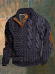Men's patterned cable knit sweater with crew neck and suede elbow patches