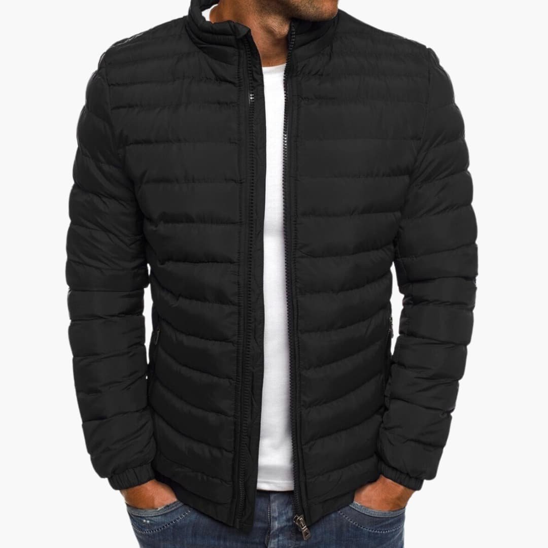 Men's quilted puffer jacket with stand collar, long sleeves and zipped pockets