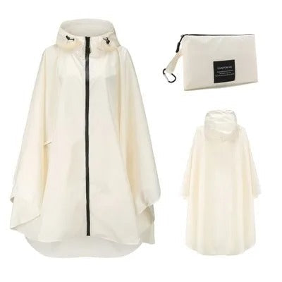 Patterned hooded rain poncho with zip front and matching pouch