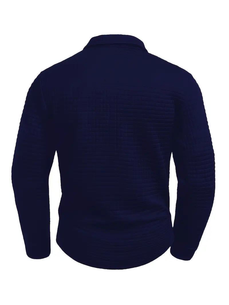 Men's long-sleeve quilted polo shirt with button placket and zipped sleeve pocket