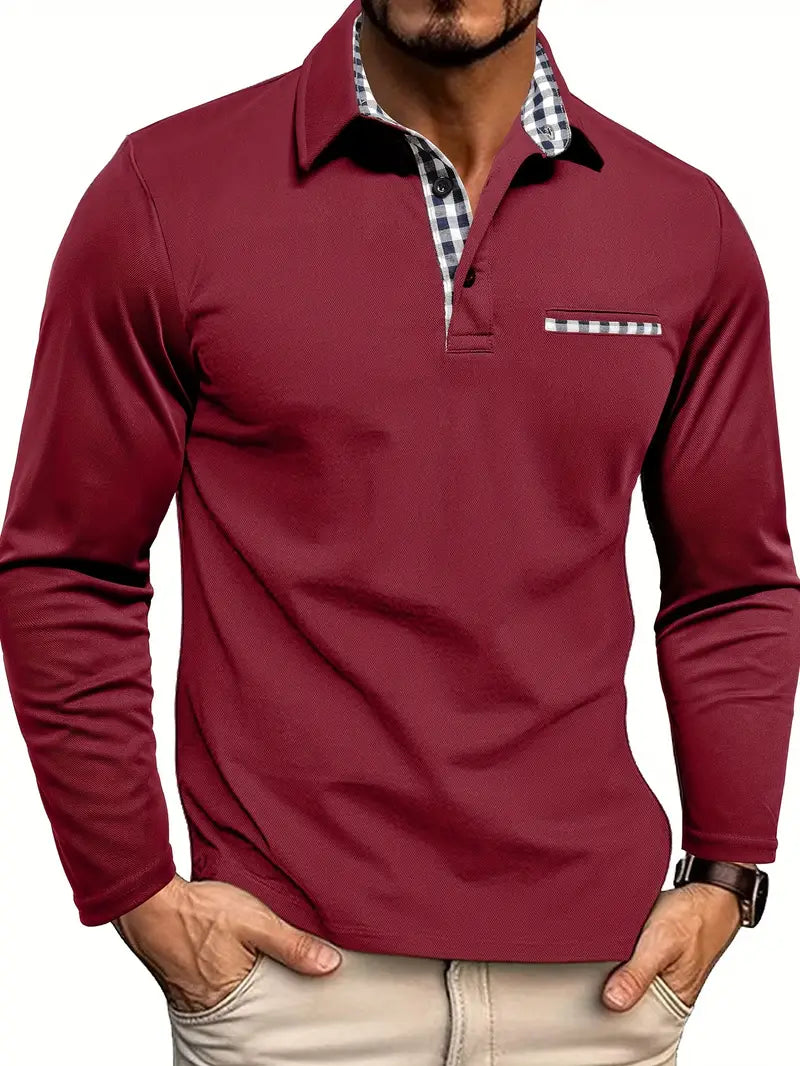 Men's Long Sleeve Polo Shirt, Slim Fit Check Detail Smart Casual Polo for Autumn