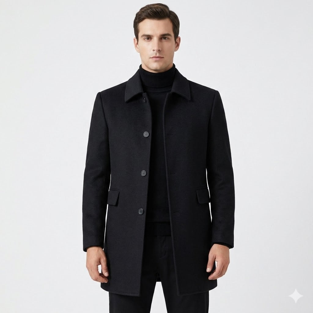 Men's button front overcoat with notched collar and flap pockets
