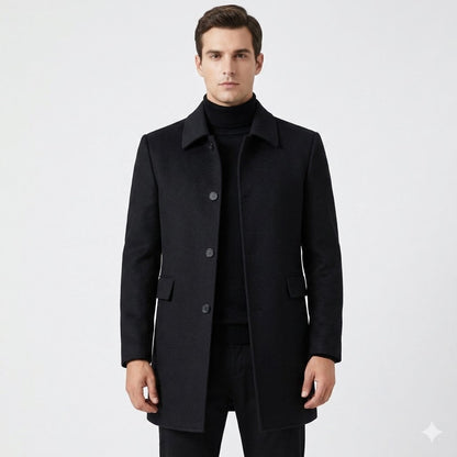 Men's button front overcoat with notched collar and flap pockets