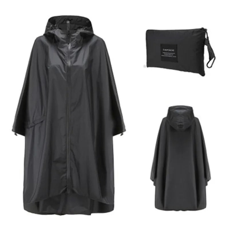 Patterned hooded rain poncho with zip front and matching pouch
