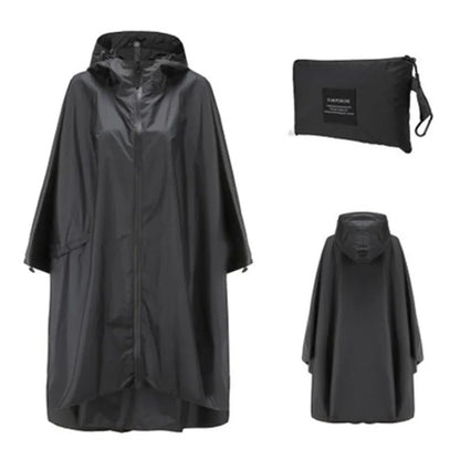 Patterned hooded rain poncho with zip front and matching pouch