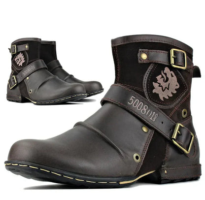 Men's biker ankle boots with buckle straps and rounded toes