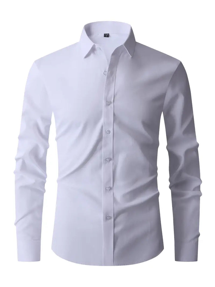 Men's fitted long sleeve shirt with point collar and button front in white