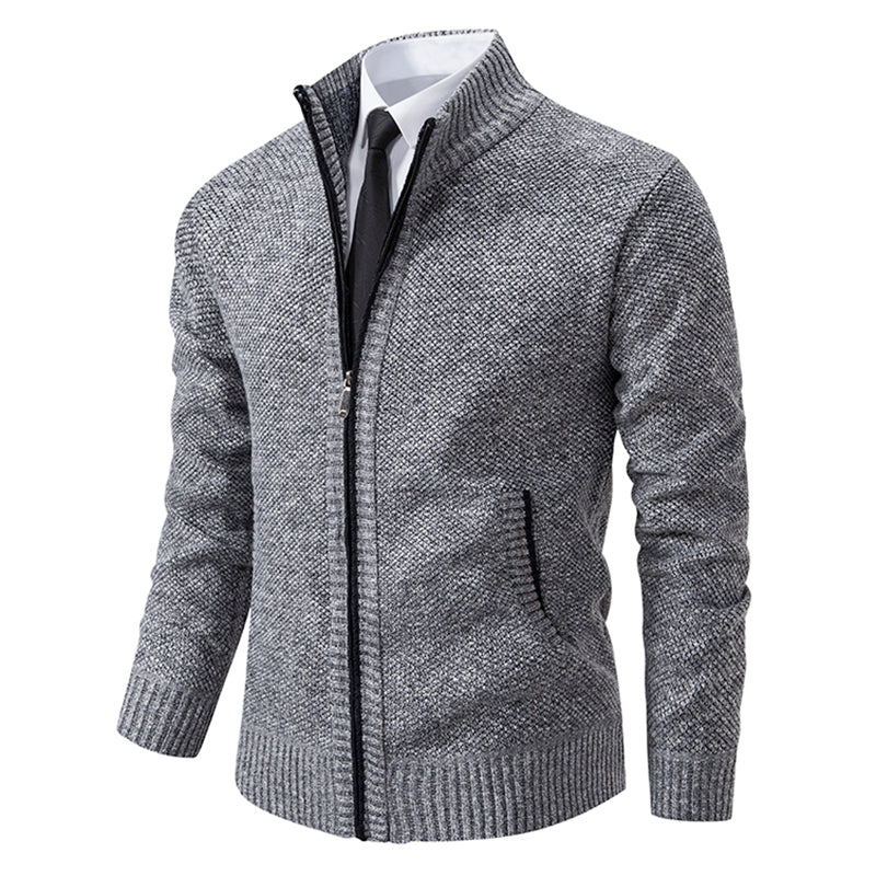 Men's textured hooded cardigan with full-length zip, long sleeves and ribbed trims