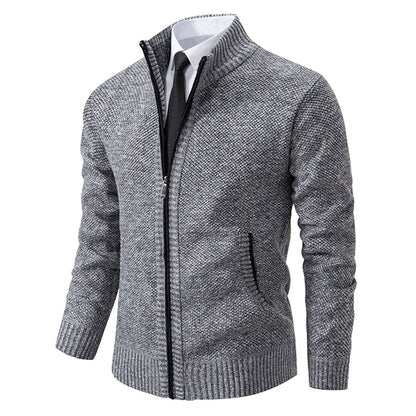 Men's textured hooded cardigan with full-length zip, long sleeves and ribbed trims