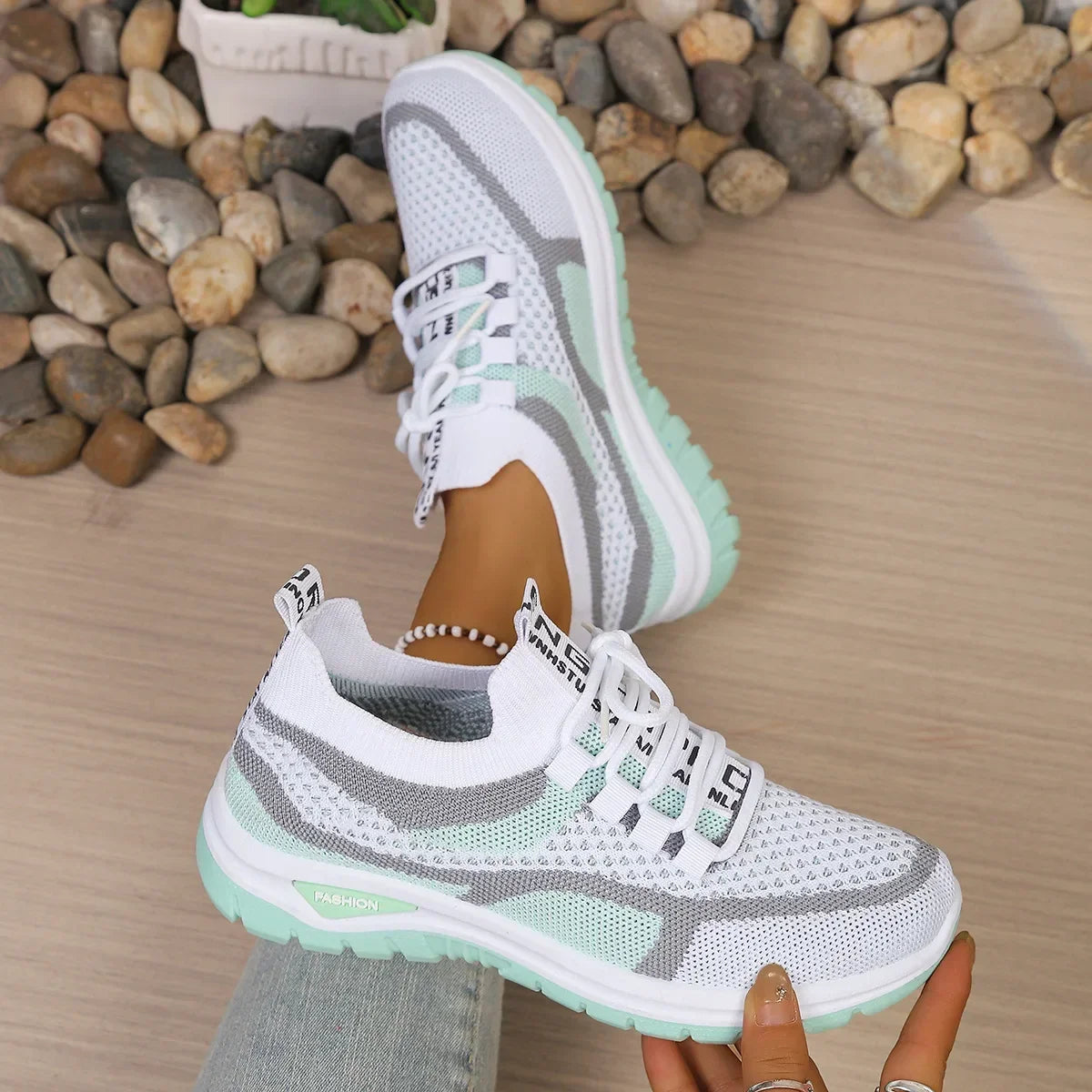 Mesh lace-up sneakers with contrasting panels and textured soles
