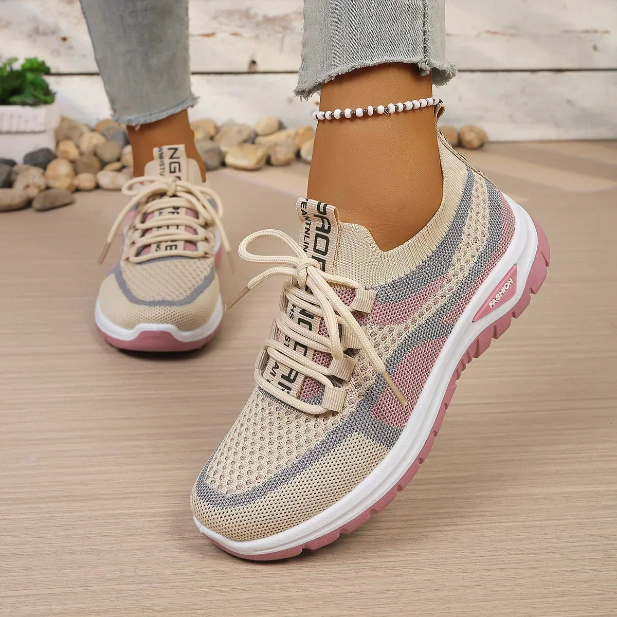 Mesh lace-up sneakers with contrasting panels and textured soles