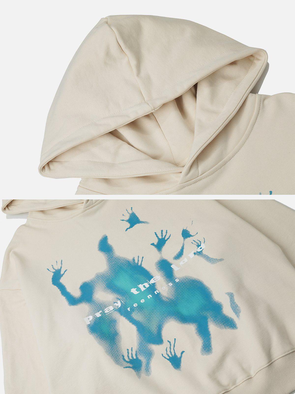 Hooded sweatshirt with blue abstract figure graphic and ribbed trims