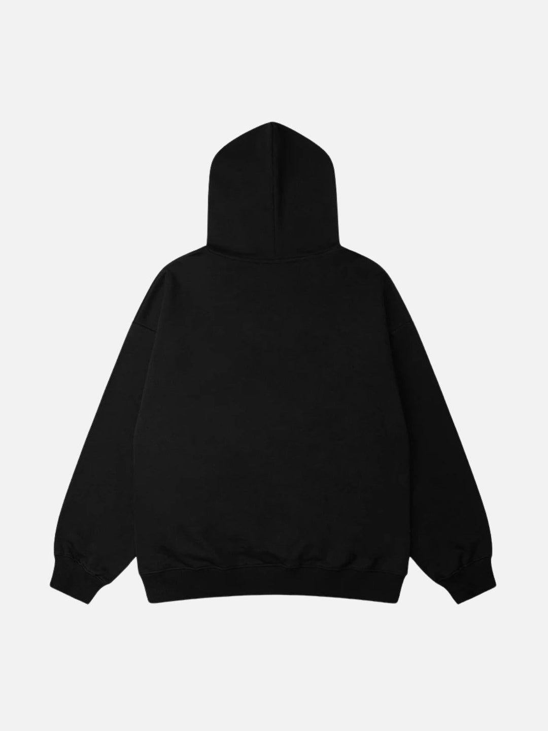 Hooded sweatshirt with blue abstract figure graphic and ribbed trims