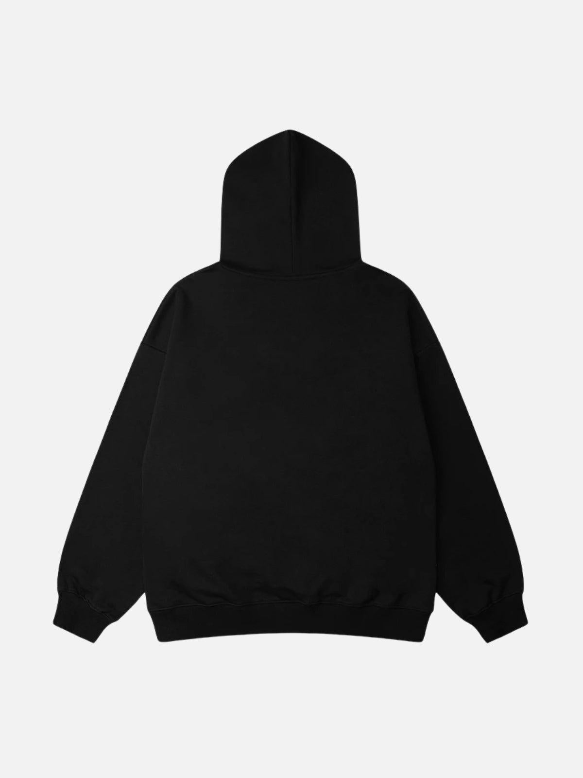 Hooded sweatshirt with blue abstract figure graphic and ribbed trims