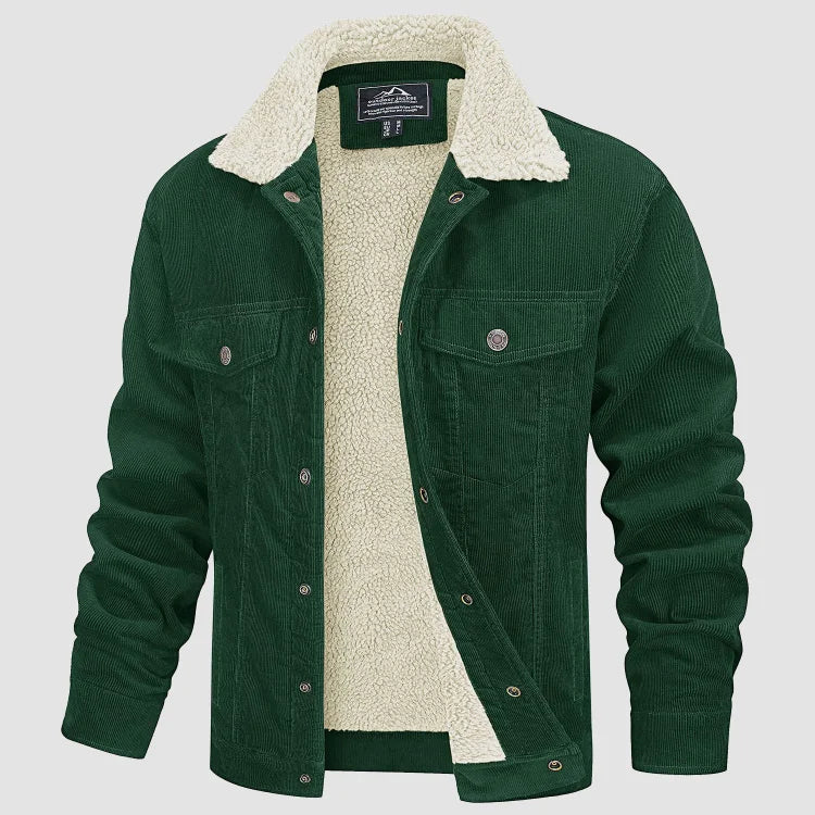 Men's corduroy jacket with textured sherpa collar, button front and flap pockets