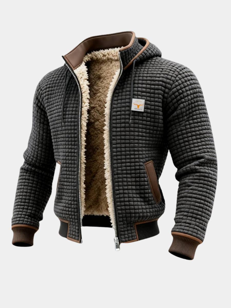 Men's textured quilted hooded jacket with full-zip front and plush contrasting lining