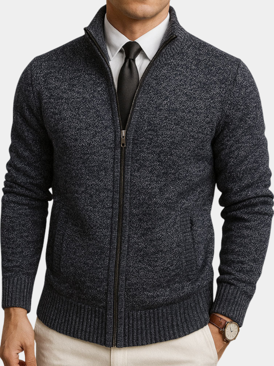Men's zip-up mock neck cardigan with long sleeves, ribbed trims and front zip pockets