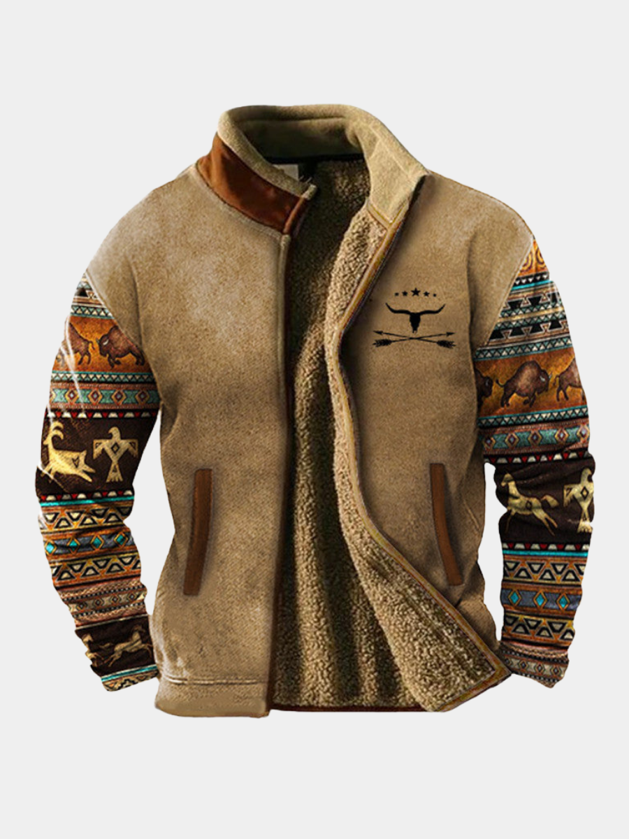Men's patterned jacket with stand collar, zip front and printed animal motif sleeves