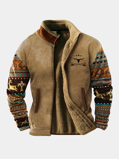 Men's patterned jacket with stand collar, zip front and printed animal motif sleeves