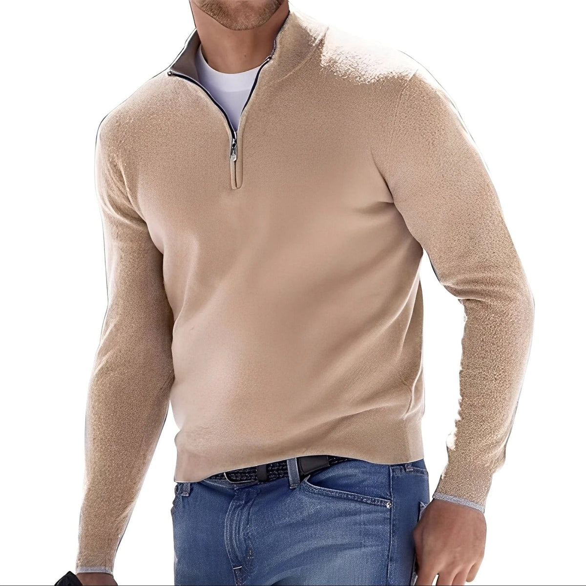 Men's long-sleeve quarter-zip sweater with stand collar and ribbed trims