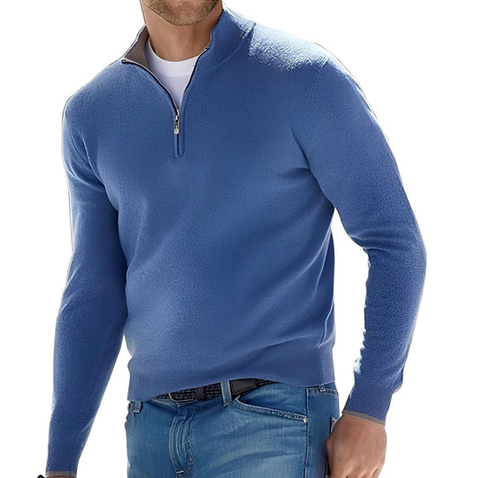 Men's long-sleeve quarter-zip sweater with stand collar and ribbed trims